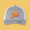 Wowie Zowie embroidered grey hat on a yellow background Annie Downs